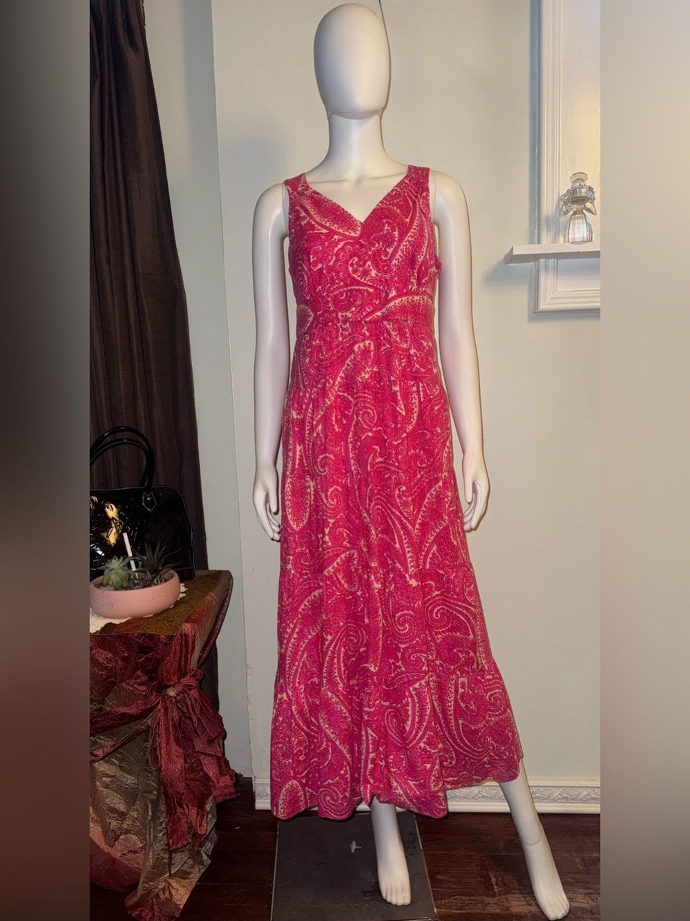 Talbots Fuchsia Paisley Sleeveless V-Neck Maxi Dress